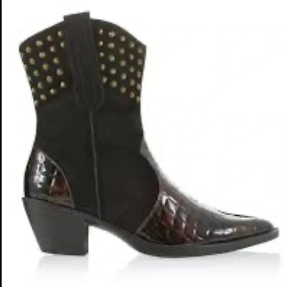 Chico's Shoes - [US 7]Chicos Brown Patent Leather  /Black Suede Mixed Heeled Cowboy Boots-NWOT